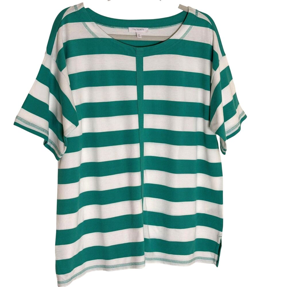T By Talbots Factory Pique Knit Top T Shirt Stripe Green White NWOT 1X